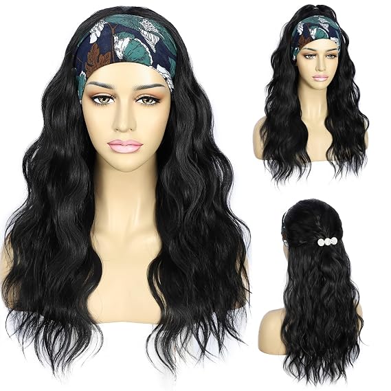 SAPPHIREWIGS Body Wave Black Synthetic Headband Wigs for Women 20 Inch