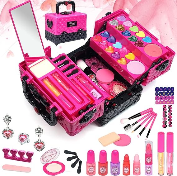 Kids Makeup Sets for Girls - 52 PCS Washable Makeup for Children, Girls Make Up Set 4-12, Play Make Up for Kids Princess, Birthday (Rose)
