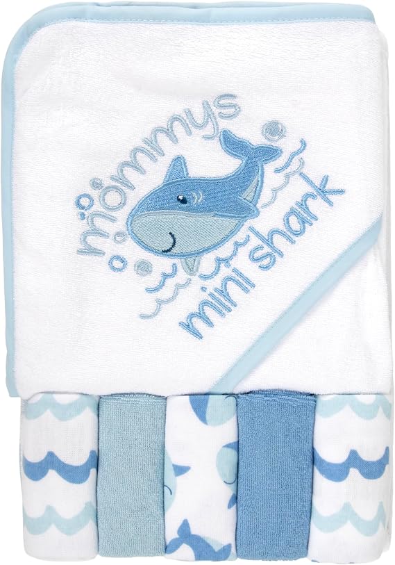Baby Hooded Bath Towel and Washcloth Set for Infant Boys 6-12 Months (Mini Shark Blue)