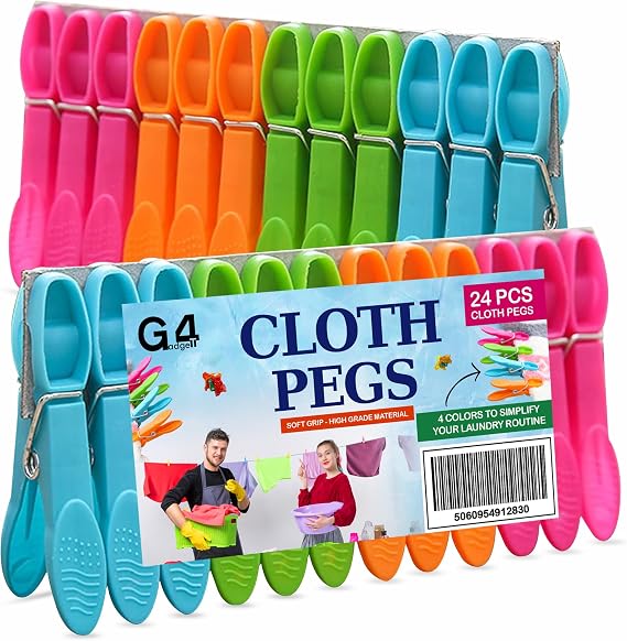 G4GADGET Clothes Pegs 24 Pack – Strong Grip Plastic Pegs for Washing Line, Durable Laundry Clips for Clothes, Rust-Resistant for Outdoor & Indoor Drying