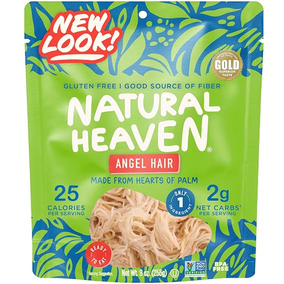Natural Heaven Angel Hair Pasta, Hearts of Palm Naturally Rich in Potassium, Low-Calorie Veggie Noodles, Keto & Gluten-Free Food, Vegan, 9 Oz Ea