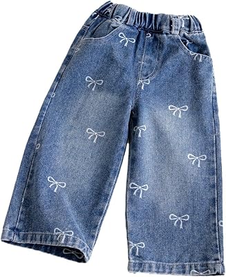 Toddler Girls Wide Leg Jeans Elastic Waist Bow Knot Printing Baggy Denim Pants Y2k Cute Casual Straight Trousers 1-6Y