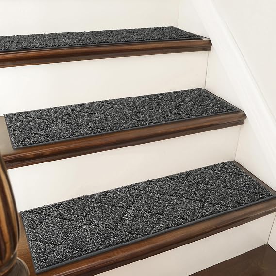 COSY HOMEER Edging Stair Treads Non-Slip Carpet Mat 28inX9in,4pc,Black | Indoor Stair Runner for Wooden Steps,Washable Adhesive Stairs Rugs for Kid,Elder,Dog,Polyester Carpet Stair Treads,TPE Back