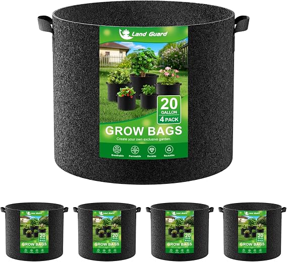 Land Guard 4-Pack Fabric Grow Bags 20 Gallon, Thickened Nonwoven Garden Pots, Growing Bags with Handles, Black