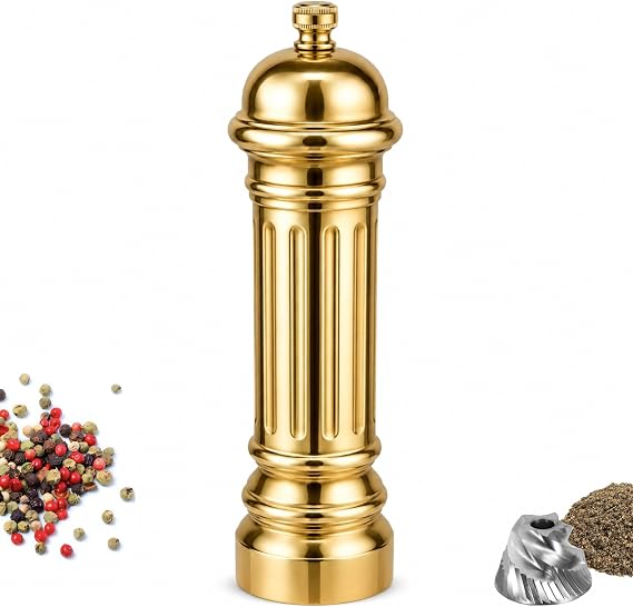 Metal Pepper Grinder with Stainless Steel Core, Heavy Duty High Output Pepper Mill with Adjustable Coarseness, All-Metal Construction, Refillable (Gold)