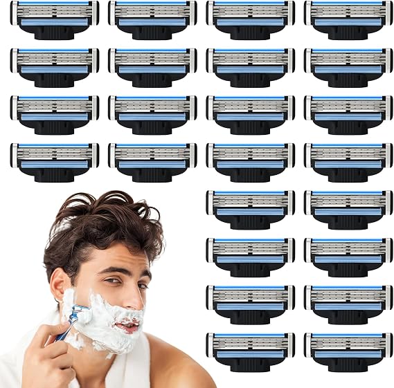 24 Pack Men Razor Blades Replacement, 3-Layer Razor Blade | Manual Razor Blades, Blades for Gillette Mach 3 Shavers, Professional Barber Beard Blades Washable Stainless Steel Great Gift