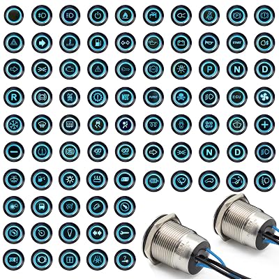 2PCS Momentary Push Button Switch Power Button 12v 24v Switch 19mm 34 Includes 180x Replacemnt Symbols 5A IP67 Waterproof Switches for Cars Boat Panel MountingStainless Steel Blue