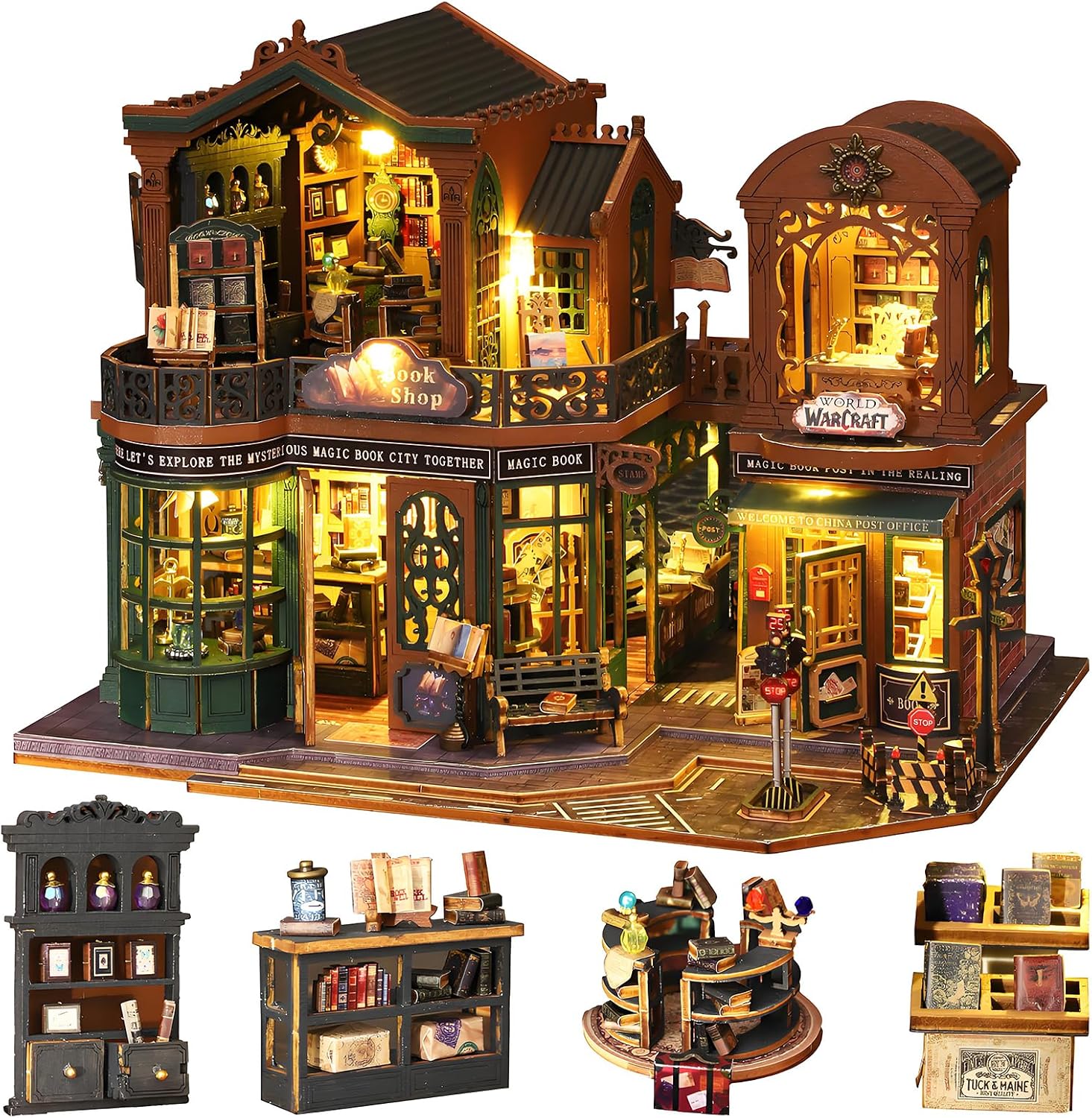 Spilay DIY Miniature Dollhouse Set with Wooden Furniture and LED Music Box dust Cover DIY Dollhouse Set, Handmade Craft Gifts for Birthdays, Christmas and Valentines Day-Twilight Book City ES017