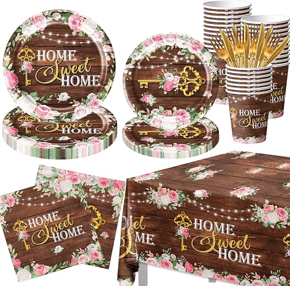 Housewarming Party Decorations 141Pcs House Warming Decoration Party Kit Rustic Floral Tableware Home Sweet Home Housewarming Plates Napkins Cups Tablecloth New Home Party Decorations