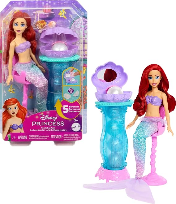 Mattel Disney Prensesi oyuncakları, kuyruğu çıkarılabilir Ariel Vanity Pop deniz kızı bebek, tekrarlanabilir 5 sürprize sahip makyaj masası ve 5 aksesuar, JBF86