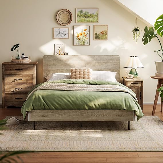 LINSY Queen Bed Frame with Ergonomic Headboard, Farmhouse Wood Bed Frame Queen Size with Storage Shelf, Noise-Free, No Box Spring Needed - Beige
