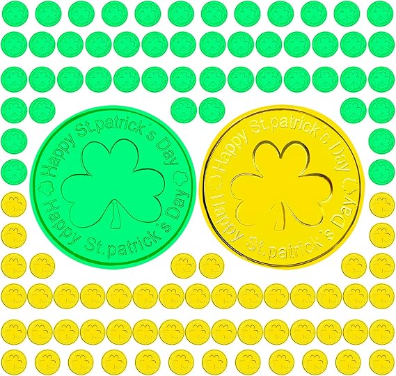 100Pcs Gold Coin St Patricks Day,Plastic Gold Coin,St Patricks Day Decorations (50Gold+50Green)