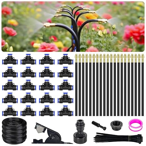 360° Adjustable Irrigation System Kit - Garden Watering System 20M/66FT with 20 Nozzles, Drip Irrigation Kit for Garden, Yard, Lawn, Greenhouse, Plants, 5/16 inch Hose