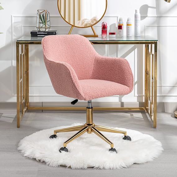 Home Office Chair, Furry Desk Chair Upholstered Fluffy Vanity Chair Modern Task Chair Accent Chair Adjustable Swivel Chair C Type, Pink Teddy Fabric