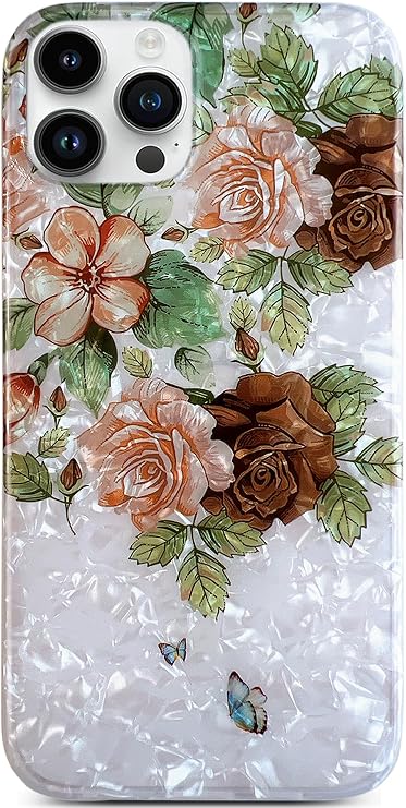 Qokey Compatible for iPhone 16 Pro Max Case,Clear Slim Fit Thin Sparkle Bling Soft Bumper Lightweight Soft Anti-Scratch Phone Cover Fits iPhone 16 Pro Max 6.9",Brown Flower