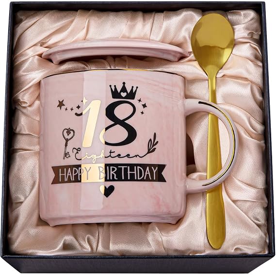 18th Birthday Girl, Happy 18th Birthday Gifts, Pink Mug | Funny 18th Daughter Niece Mug Birthday Gift Gold Print Lid Greeting Card Spoon Gift Box