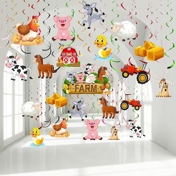30 Pieces Farm Animal Hanging Decorations, Barnyard Theme Party Supplies Farm Animal Hanging Swirls Streamers Ceiling Decor Cutouts for Kids Birthday Baby Shower Decor