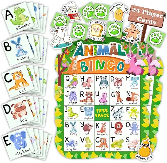 Animal Bingo Game for Kids Toddler Adults Family | Letter Recognition, Jungle Safari Party Theme, 24 Players, 40Pcs Punny Stickers, Kindergarten Supplies