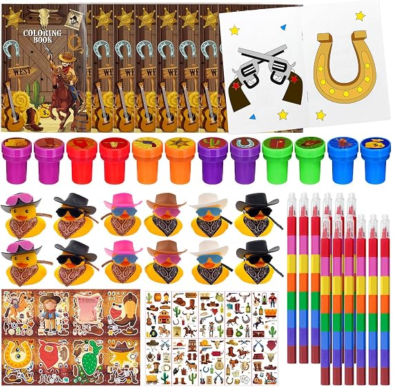 Cinrobiye 72 Pcs Western Cowboy Party Favors, Wild West Coloring Books, Stickers, Tattoos, Stampers, Rubber Ducks, Rainbow Pencils, Barn Party Supplies, Birthday Goodie Bag Fillers, Prize Bulk Set