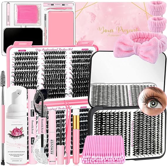 QUKLOGEN DIY Lash Extension Kit 900Pcs D Curl 9-18mm Lash with Lash Bond and Seal,Quick Glue Remover Lash Shampoo Cleansing Brush Wristband Tweezers Eyelash Brush Mini Applicator