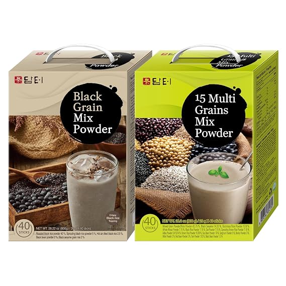 Damtuh Korean Misugaru Drink Mix Bundle 15-Grain Multigrain Powder + Black Grain Misugaru Powder, Latte-Style Drink, Caffeine-Free 20g x 80 Stick Packs