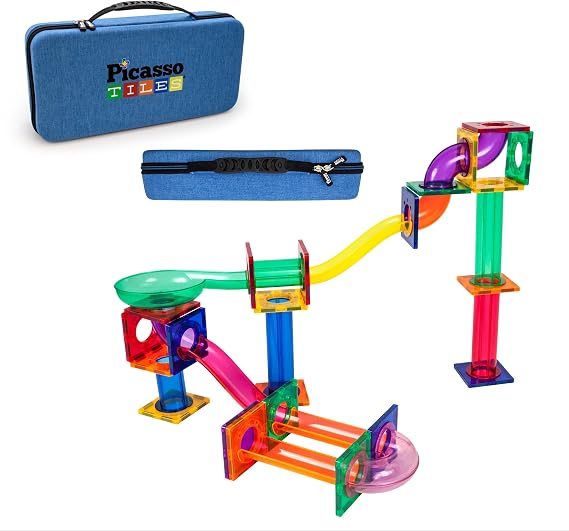 PicassoTiles 50PC Marble Run Race Track + Carry Case Bundle: STEAM Educational Playset for Kids Includes Travel Storage Organizer - Fun Learning Construction Toy, Creative Design, Sensory Development
