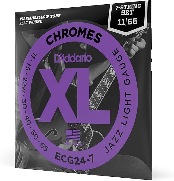 D'Addario Guitar Strings - XL Chromes Electric Guitar Strings - Flat Wound - Polished for Ultra-Smooth Feel and Warm, Mellow Tone - ECG24-7 - Jazz Light, 7-String, 11-65, 1-Pack