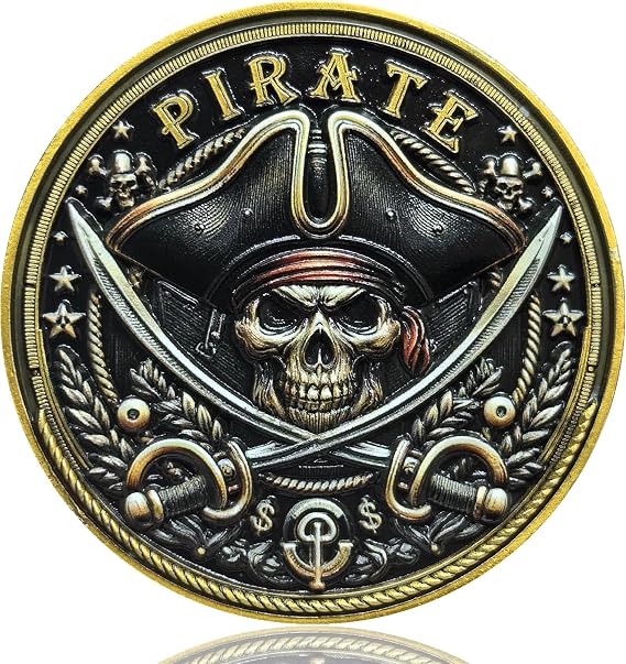 Pirate Adventure Challenge Coin - Skull and Crossed Swords with Treasure Map Design (Single Coin)