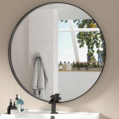 Hasipu Black Bathroom Over Sink Mirror 32 Inch Vanity Mirror Metal Framed Wall Mirrors Anti-Rust Rounded Black Surface Mount