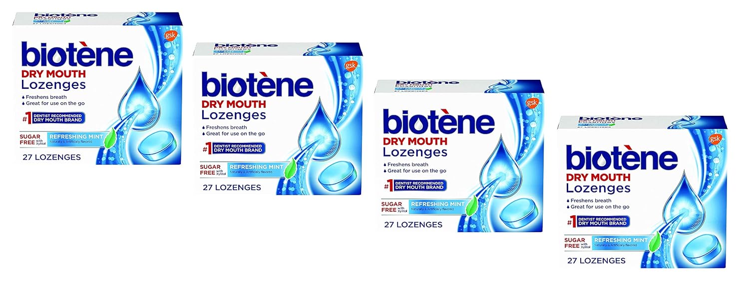 Biotene Dry Mouth Lozenges for Fresh Breath 27 count, Refreshing Mint. Pack of 4