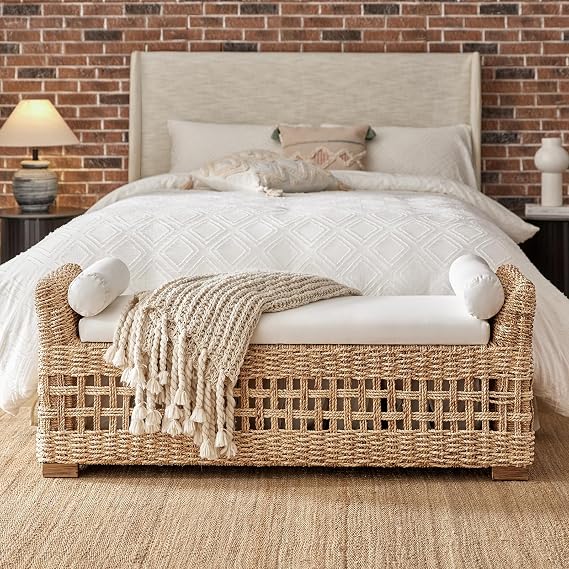 HULALA HOME 56" Rattan Storage Bench, Boho Wicker End of Bed Bench, Natural