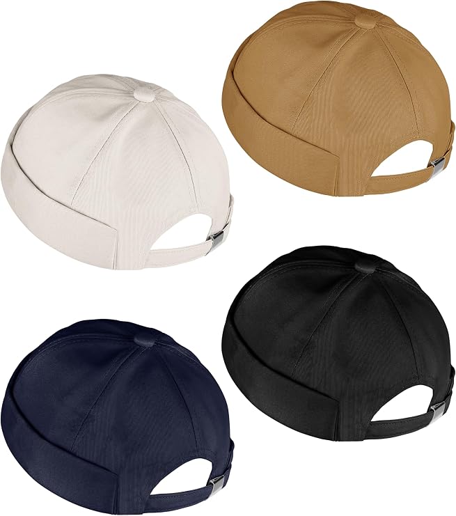 URATOT 4 Pieces Brimless Hat Docker Cap Retro Cotton No Brim Hat Adjustable Rolled Cuff Brimless Hats for Men