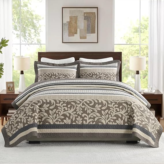 DDUOXIN Farmhouse Stripe Queen Quilt Set - 100% Cotton Quilts with 2 Pillow Shams, Botanical Bedspread Lightweight Comforter Bedding Sets for All Seasons, Brown/Beige, Queen(90" W x 98" L)