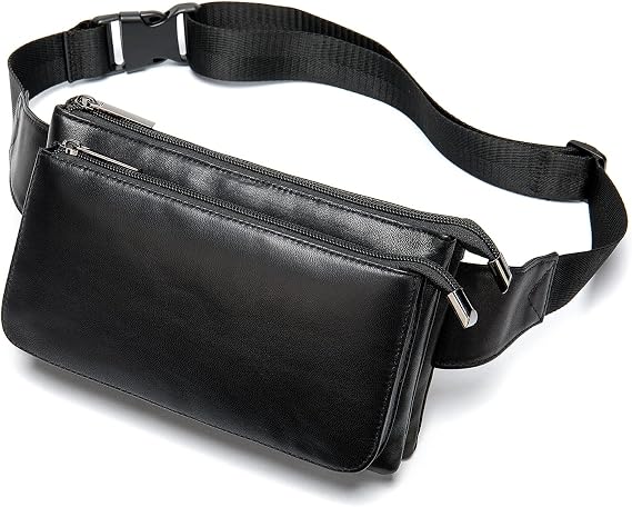 Niucunzh Small Leather Mens Fanny Packs for Women Lightweight Lambskin Leather Waist Bag Sport Men Crossbody Belt Purse Hip bags Hands-Free Bumbag Black