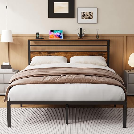 Full Size Platform Bed Frame with Wood Headboard, Metal Bed Frames with Under Bed Storage, Strong Metal Slats Support Mattress Foundation, No Box Spring Needed (Brown, Full)