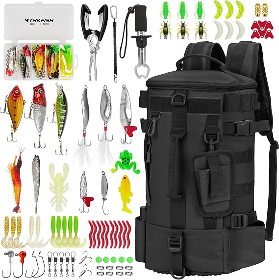 THKFISH Fishing Backpack with Rod Holders Tackle Box, 85 Pcs Fishing Lure kit with Fish Lip Gripper, Pliers Gifts for Fishermen