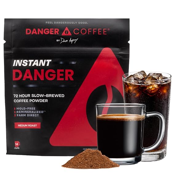 Danger Coffee by Dave Asprey, Remineralized, Mold Free & Lab Tested Instant Coffee Powder | Medium Roast, 56 Grams, 14 Servings