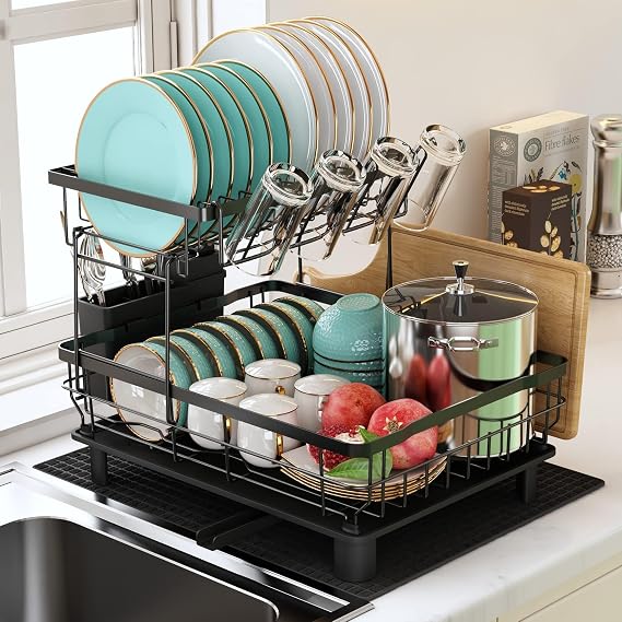 MAJALiS 2 Tier Dish Drainer with Drip Tray Black