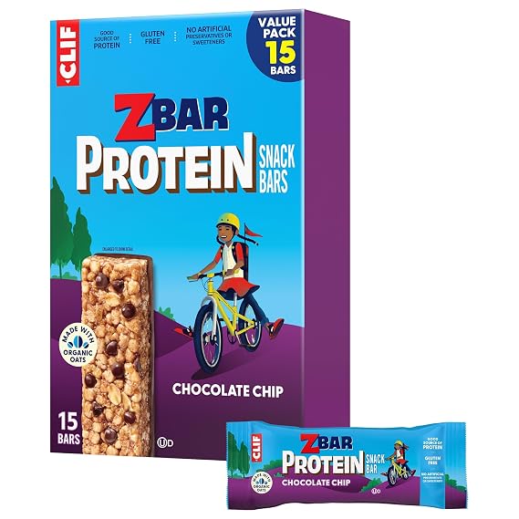 Zbar Protein Chocolate Chip Snack Bars, Gluten Free Protein Bars, 15ct | 5g Protein, Gluten Free, Made with Organic Oats, No Artificial Preservatives or Sweeteners, Snacks for Kids