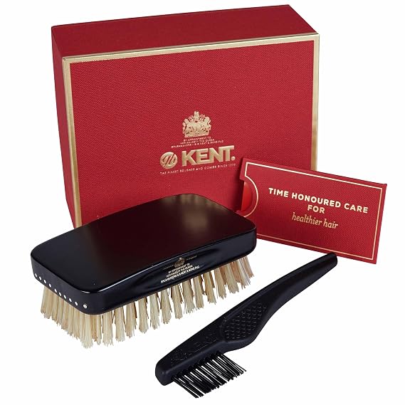 Kent MHN2T Men's luxury Military Style Ebony Wood Wire-Laid WhitePure Boar Bristle Brush in Silk Lined Presentation Case. Mens Grooming Scalp Brush For Thick Hair Daily Grooming. Handmade in England