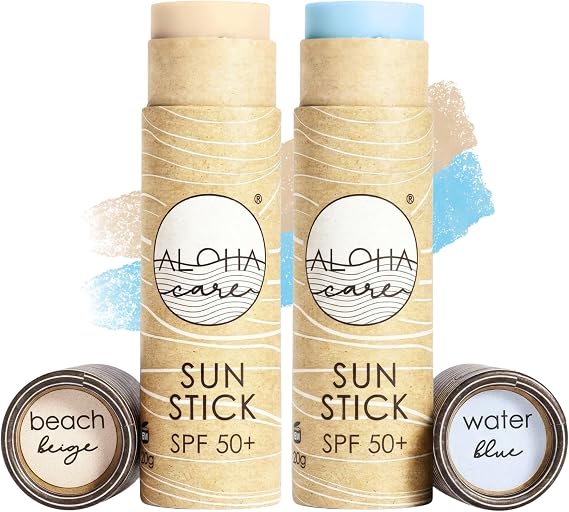 Aloha Sun Stick SPF 50+, Ideal for Water Sports & Surfing, Mineral Sunscreen Stick SPF 50 Face, Sunblock Stick, Sun Block Sticks for Face, SPF Stick, Zinc Stick Alternative Sunstick, 2pcs blue + beige