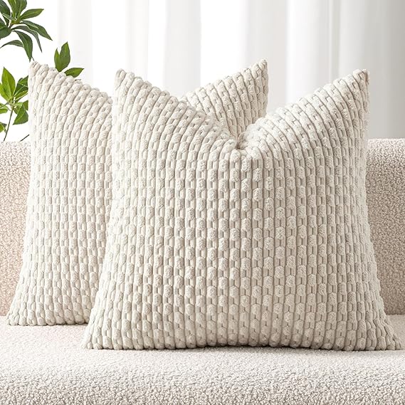 MIULEE Decorative Throw Pillow Covers 18x18 Cream White Textured Corduroy