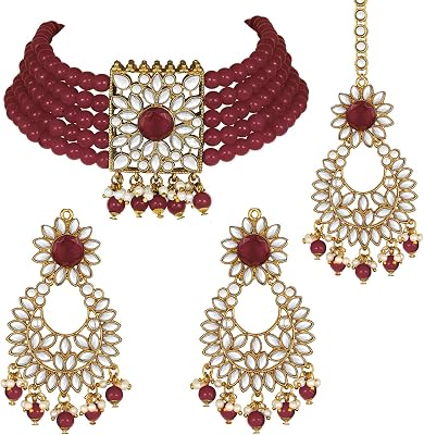 Aheli Jodha Akbar Faux Kundan Faux Pearl Choker Necklace with Earring Maang Tikka Indian Traditional Bollywood Bridal Jewelry Set Gift for Women
