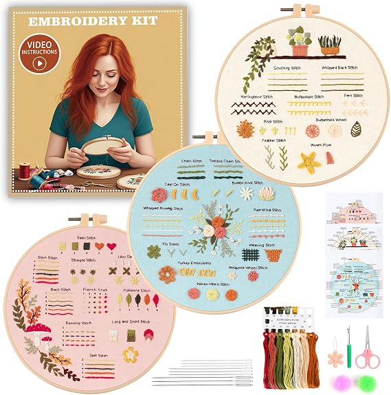 JOINRUN Beginner Embroidery Kit for Adults, 3 Pack with Video Tutorial
