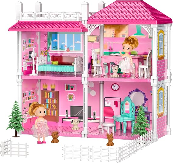 TEMI Villa Toys for 3-8 Years Old Girls - 2 Storey 4 Room Indoor Playset With 2 Dolls, Furniture & Accessories, Pretend Play, Building Toys, Gifts