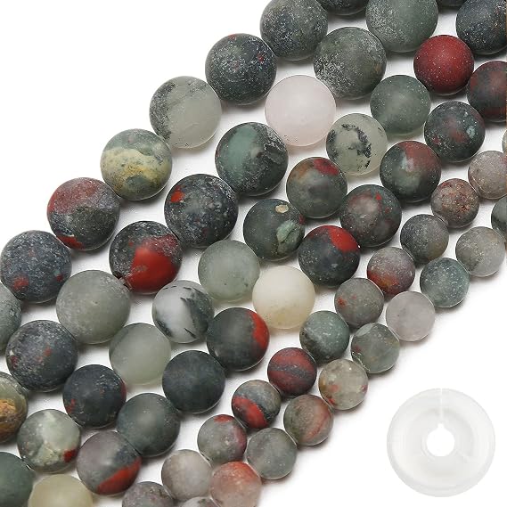 Natural Matte African Bloodstone Beads, 8MM Round Frosted Unpolished Loose Gemstone Beads for Bracelet Necklace Jewelry Making, Energy Stone Healing Power with Stretch Beading Cord