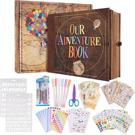 Our Adventure Book 146 Pages 8.9 * 7.7 Inch Scrapbook Photo Album with Scrapbooking Supplies,3D Retro Style Embossed Letter Cover Memory Book for Mother's Day,Anniversary Wedding,Valentine's Day
