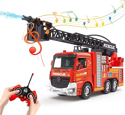 Fire Truck Toy for Toddlers Kids Boys Ages 6,Remote Control Fire Truck with Lights,Siren Sound,Water Spray and Rotating Rescue Ladder,Firetruck Engine Christmas Birthday Gifts for Little Fireman 8-12