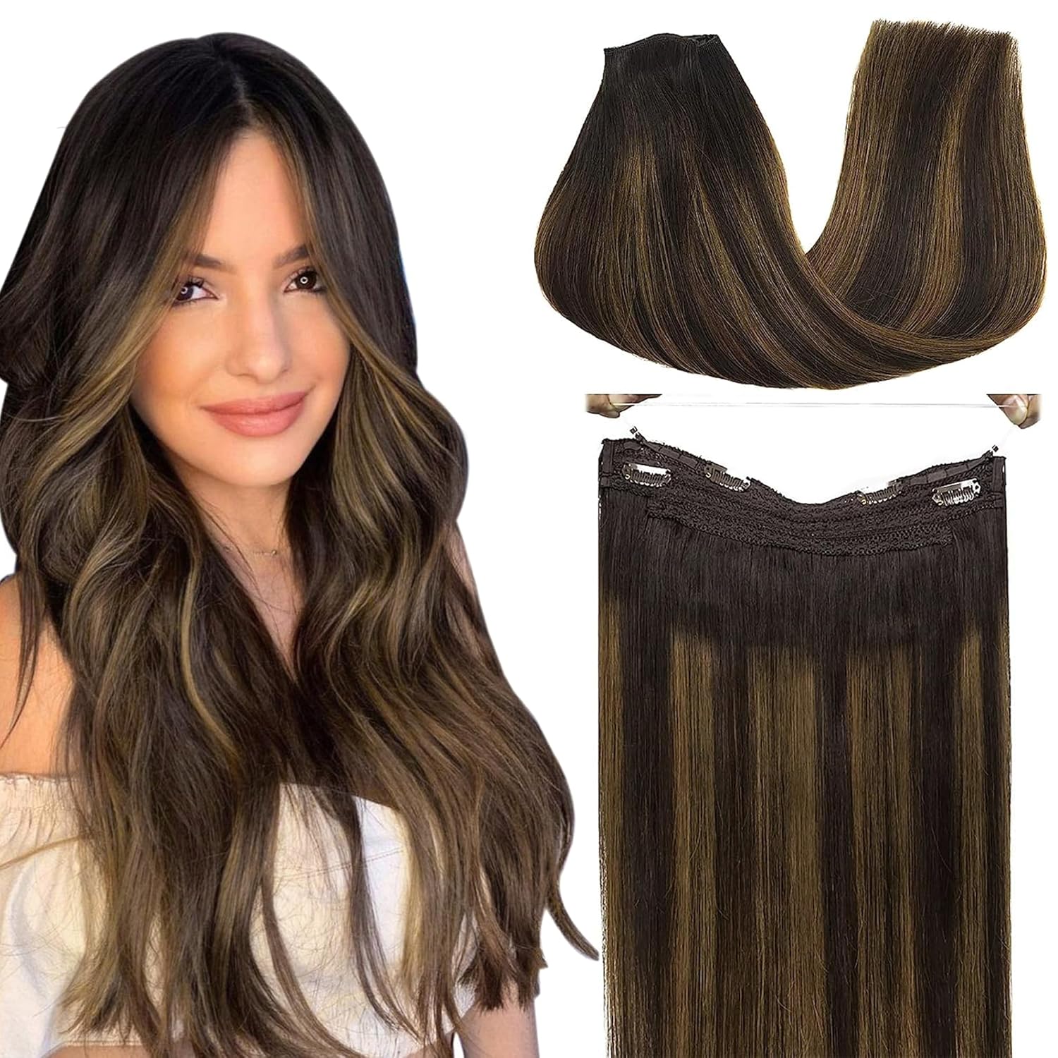 GOO GOO Wire Hair Extensions Human Hair, 262 Dark Brown with Chestnut Brown Balayage 14inch 75g, Invisible Wire Hair Extensions with Transparent, Seamless Fish Line Hairpiece