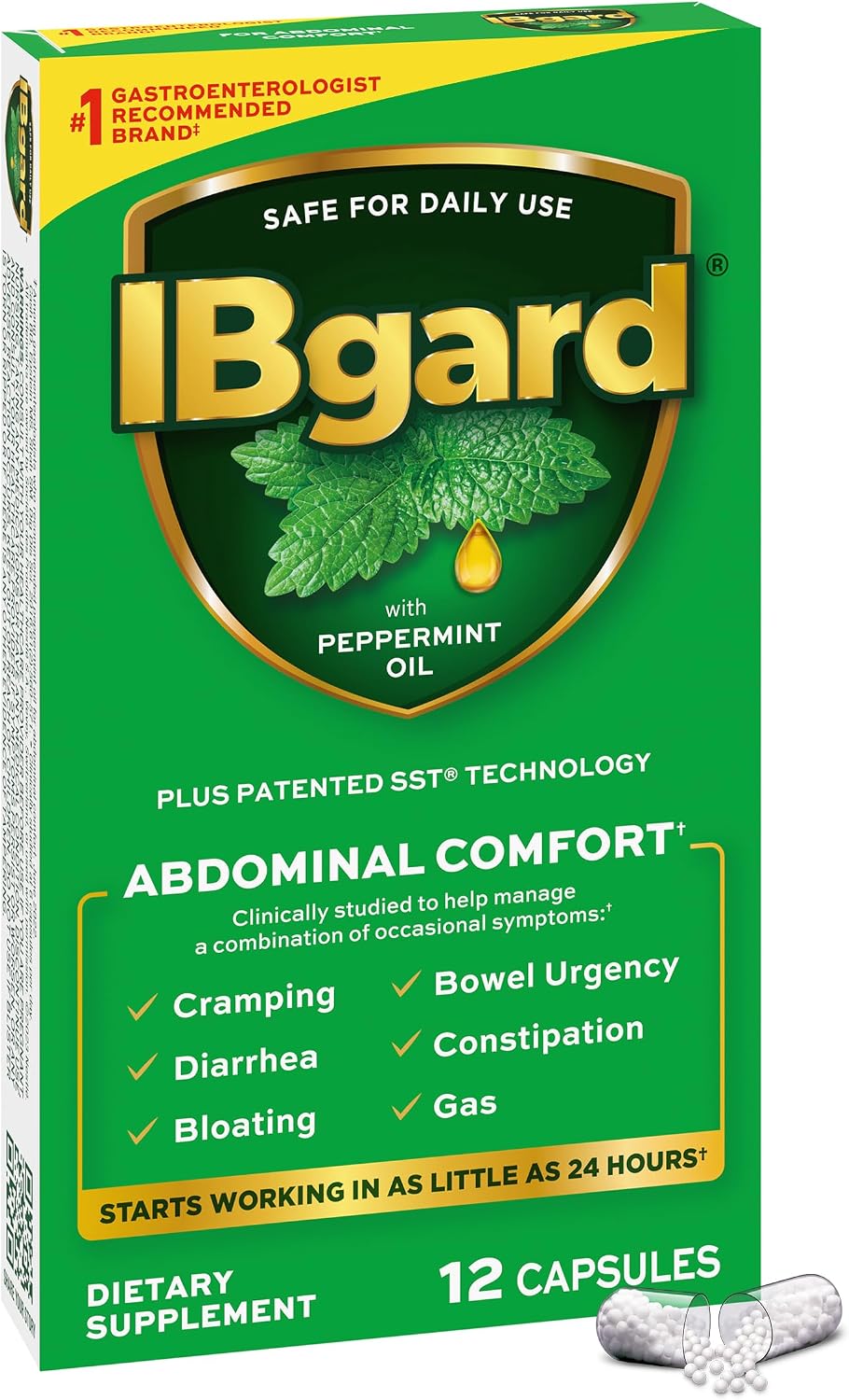 IBgard Gut Health Supplement, Peppermint Oil Capsules for Abdominal Comfort, 12 Capsules Packaging May Vary